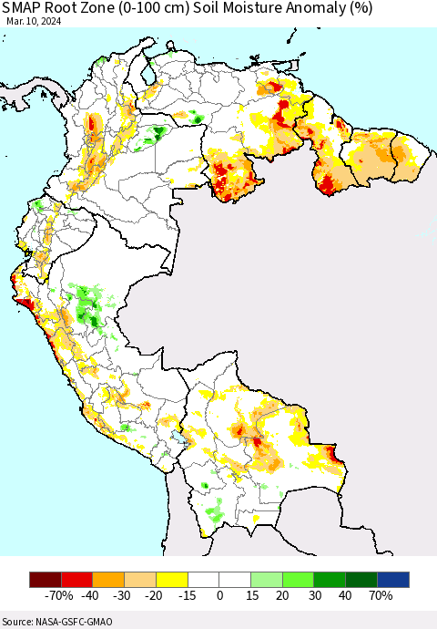Northern South America SMAP Root Zone (0-100 cm) Soil Moisture Anomaly (%) Thematic Map For 3/6/2024 - 3/10/2024