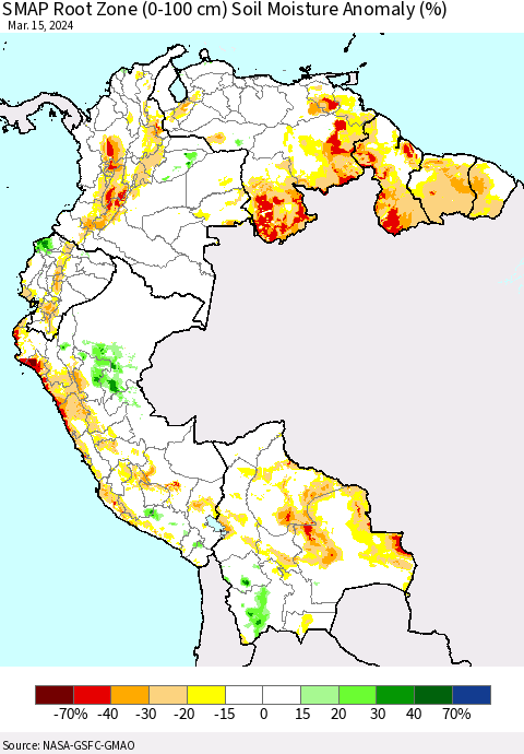 Northern South America SMAP Root Zone (0-100 cm) Soil Moisture Anomaly (%) Thematic Map For 3/11/2024 - 3/15/2024
