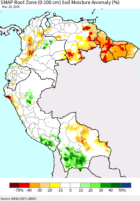 Northern South America SMAP Root Zone (0-100 cm) Soil Moisture Anomaly (%) Thematic Map For 3/16/2024 - 3/20/2024