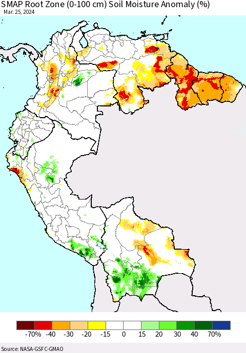 Northern South America SMAP Root Zone (0-100 cm) Soil Moisture Anomaly (%) Thematic Map For 3/21/2024 - 3/25/2024