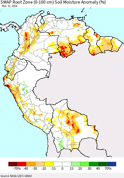 Northern South America SMAP Root Zone (0-100 cm) Soil Moisture Anomaly (%) Thematic Map For 3/26/2024 - 3/31/2024