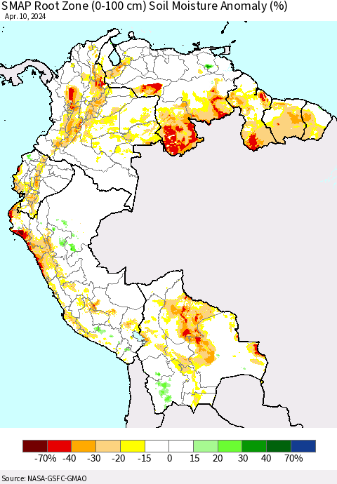 Northern South America SMAP Root Zone (0-100 cm) Soil Moisture Anomaly (%) Thematic Map For 4/6/2024 - 4/10/2024