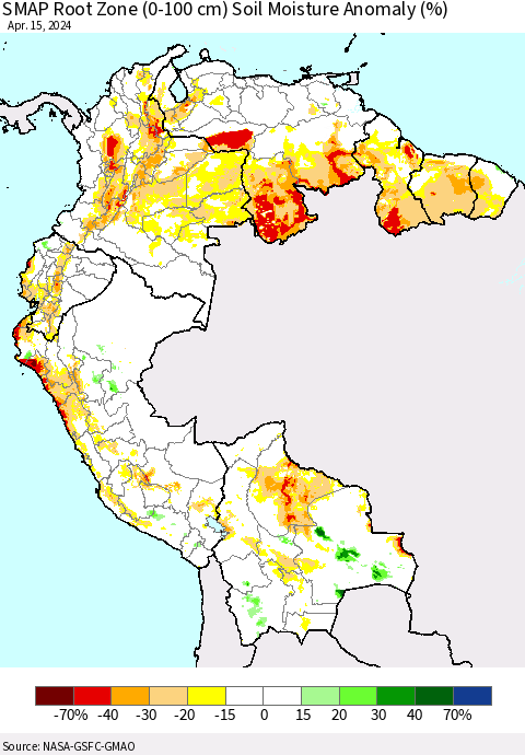Northern South America SMAP Root Zone (0-100 cm) Soil Moisture Anomaly (%) Thematic Map For 4/11/2024 - 4/15/2024