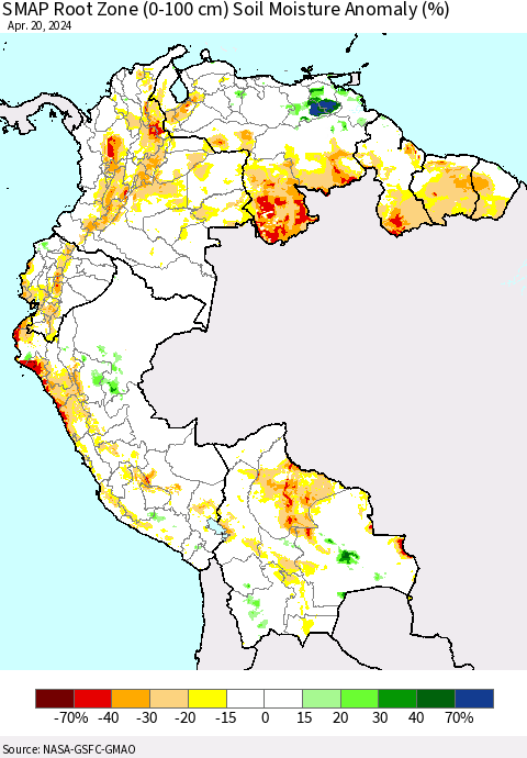Northern South America SMAP Root Zone (0-100 cm) Soil Moisture Anomaly (%) Thematic Map For 4/16/2024 - 4/20/2024