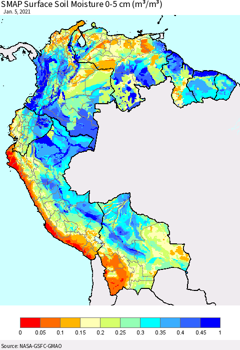 Northern South America SMAP Surface (0-5 cm) Soil Moisture (m³/m³) Thematic Map For 1/1/2021 - 1/5/2021