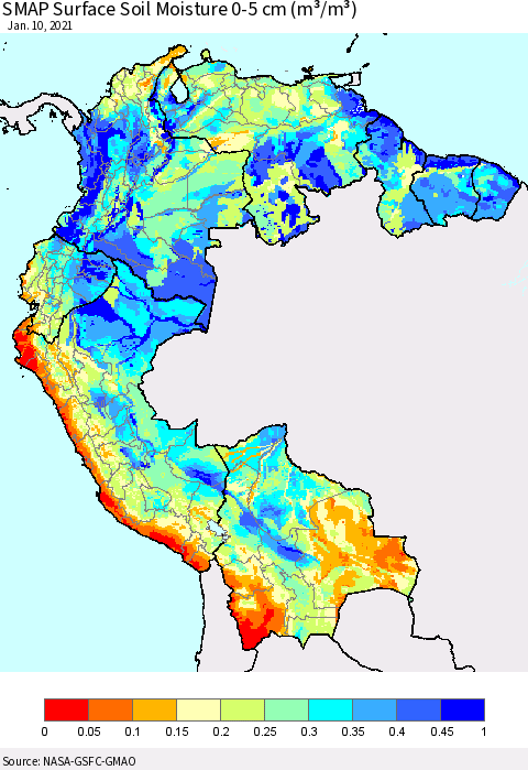 Northern South America SMAP Surface (0-5 cm) Soil Moisture (m³/m³) Thematic Map For 1/6/2021 - 1/10/2021
