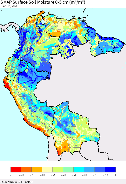 Northern South America SMAP Surface (0-5 cm) Soil Moisture (m³/m³) Thematic Map For 1/11/2021 - 1/15/2021