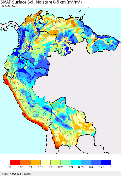 Northern South America SMAP Surface (0-5 cm) Soil Moisture (m³/m³) Thematic Map For 1/16/2021 - 1/20/2021
