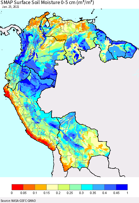 Northern South America SMAP Surface (0-5 cm) Soil Moisture (m³/m³) Thematic Map For 1/21/2021 - 1/25/2021