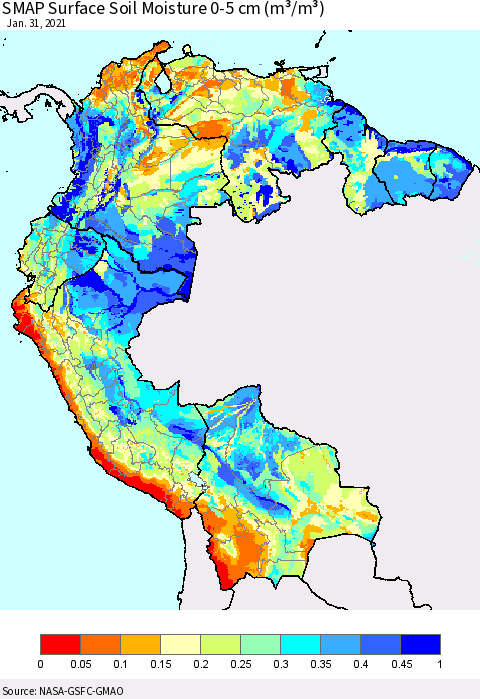 Northern South America SMAP Surface (0-5 cm) Soil Moisture (m³/m³) Thematic Map For 1/26/2021 - 1/31/2021