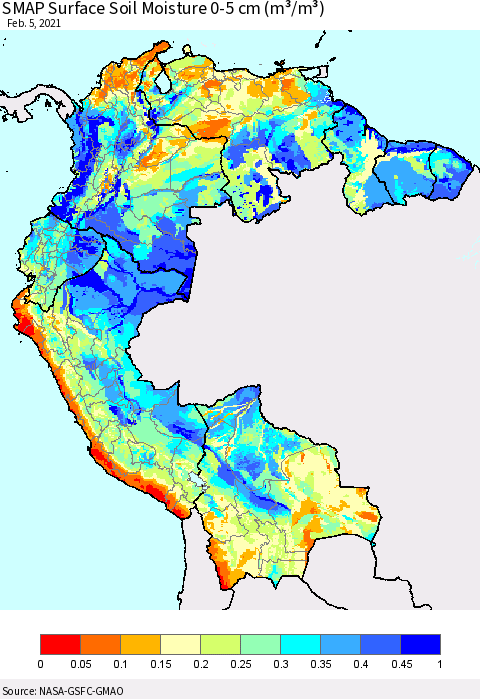Northern South America SMAP Surface (0-5 cm) Soil Moisture (m³/m³) Thematic Map For 2/1/2021 - 2/5/2021