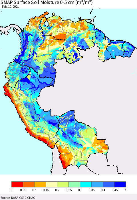 Northern South America SMAP Surface (0-5 cm) Soil Moisture (m³/m³) Thematic Map For 2/6/2021 - 2/10/2021