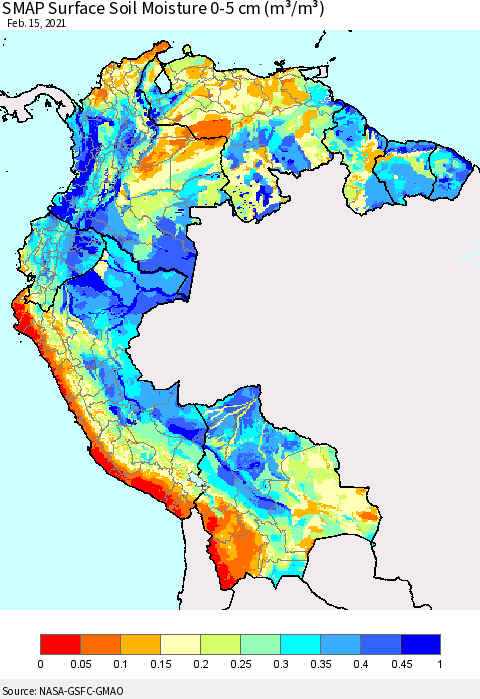 Northern South America SMAP Surface (0-5 cm) Soil Moisture (m³/m³) Thematic Map For 2/11/2021 - 2/15/2021