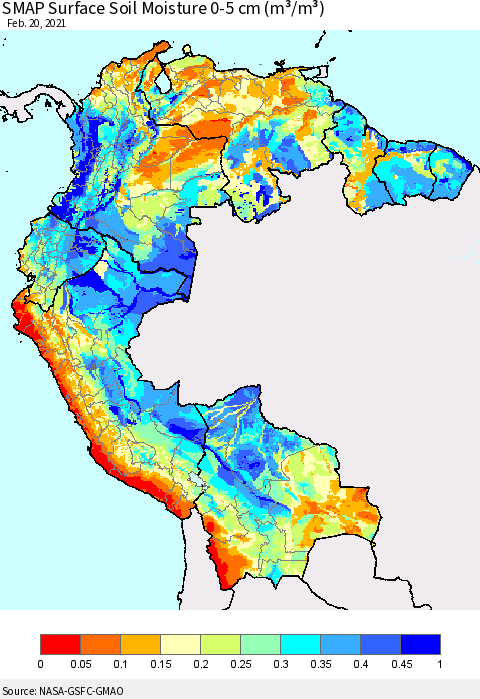 Northern South America SMAP Surface (0-5 cm) Soil Moisture (m³/m³) Thematic Map For 2/16/2021 - 2/20/2021