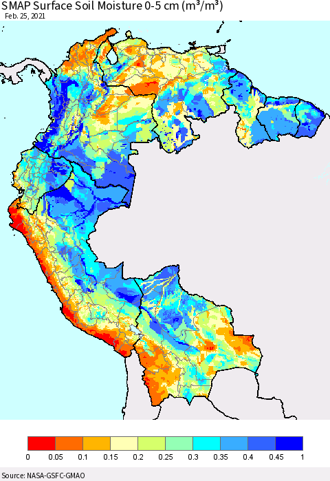 Northern South America SMAP Surface (0-5 cm) Soil Moisture (m³/m³) Thematic Map For 2/21/2021 - 2/25/2021