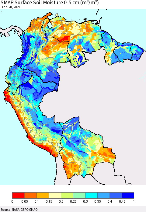 Northern South America SMAP Surface (0-5 cm) Soil Moisture (m³/m³) Thematic Map For 2/26/2021 - 2/28/2021