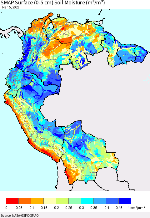 Northern South America SMAP Surface (0-5 cm) Soil Moisture (m³/m³) Thematic Map For 3/1/2021 - 3/5/2021