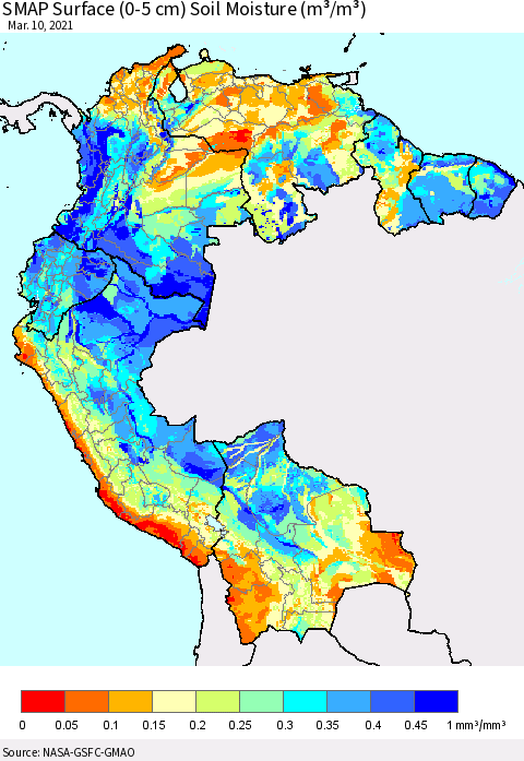 Northern South America SMAP Surface (0-5 cm) Soil Moisture (m³/m³) Thematic Map For 3/6/2021 - 3/10/2021