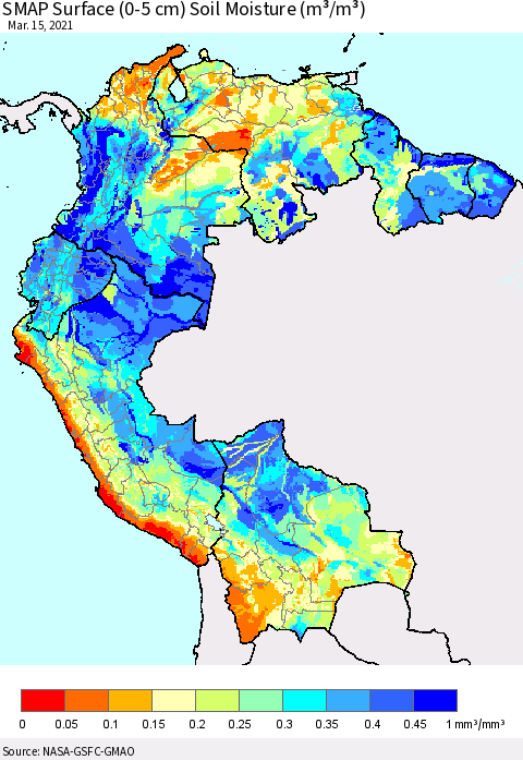 Northern South America SMAP Surface (0-5 cm) Soil Moisture (m³/m³) Thematic Map For 3/11/2021 - 3/15/2021