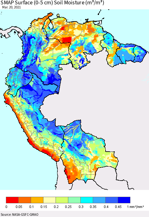 Northern South America SMAP Surface (0-5 cm) Soil Moisture (m³/m³) Thematic Map For 3/16/2021 - 3/20/2021