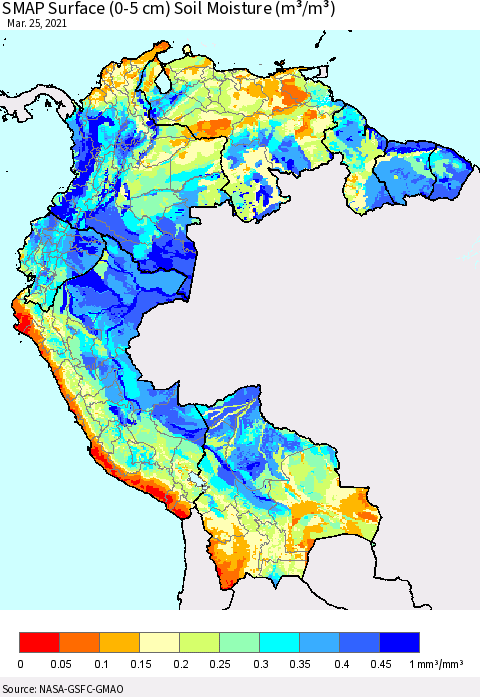 Northern South America SMAP Surface (0-5 cm) Soil Moisture (m³/m³) Thematic Map For 3/21/2021 - 3/25/2021