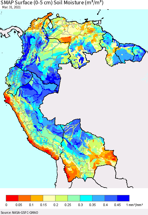 Northern South America SMAP Surface (0-5 cm) Soil Moisture (m³/m³) Thematic Map For 3/26/2021 - 3/31/2021