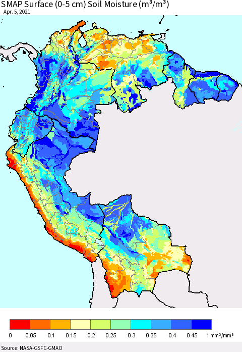 Northern South America SMAP Surface (0-5 cm) Soil Moisture (m³/m³) Thematic Map For 4/1/2021 - 4/5/2021