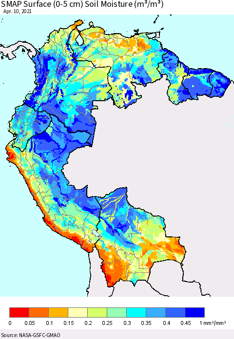 Northern South America SMAP Surface (0-5 cm) Soil Moisture (m³/m³) Thematic Map For 4/6/2021 - 4/10/2021
