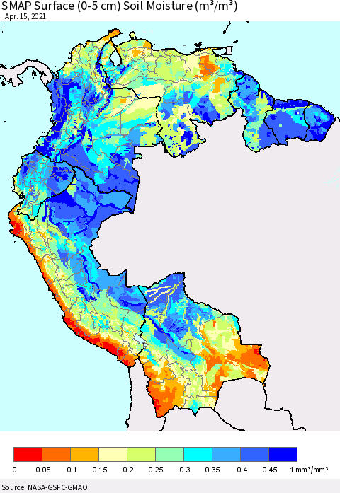 Northern South America SMAP Surface (0-5 cm) Soil Moisture (m³/m³) Thematic Map For 4/11/2021 - 4/15/2021