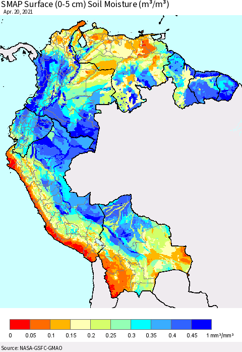 Northern South America SMAP Surface (0-5 cm) Soil Moisture (m³/m³) Thematic Map For 4/16/2021 - 4/20/2021