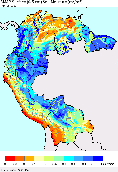 Northern South America SMAP Surface (0-5 cm) Soil Moisture (m³/m³) Thematic Map For 4/21/2021 - 4/25/2021