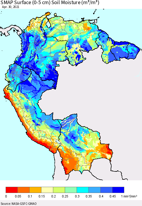 Northern South America SMAP Surface (0-5 cm) Soil Moisture (m³/m³) Thematic Map For 4/26/2021 - 4/30/2021