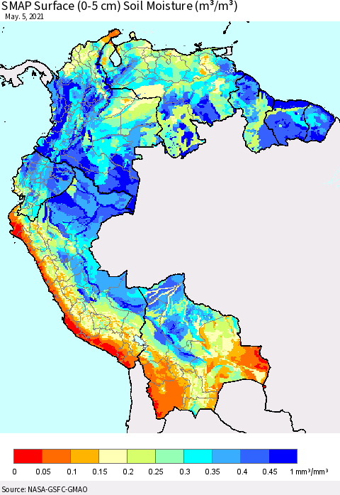 Northern South America SMAP Surface (0-5 cm) Soil Moisture (m³/m³) Thematic Map For 5/1/2021 - 5/5/2021