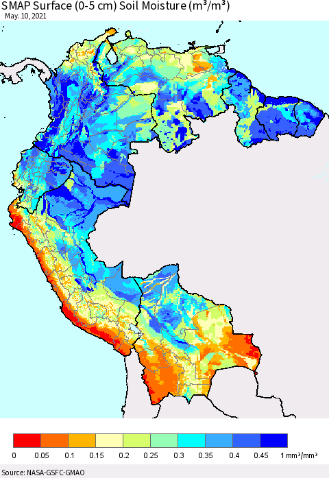 Northern South America SMAP Surface (0-5 cm) Soil Moisture (m³/m³) Thematic Map For 5/6/2021 - 5/10/2021