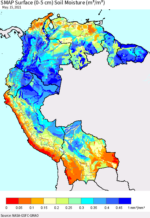 Northern South America SMAP Surface (0-5 cm) Soil Moisture (m³/m³) Thematic Map For 5/11/2021 - 5/15/2021
