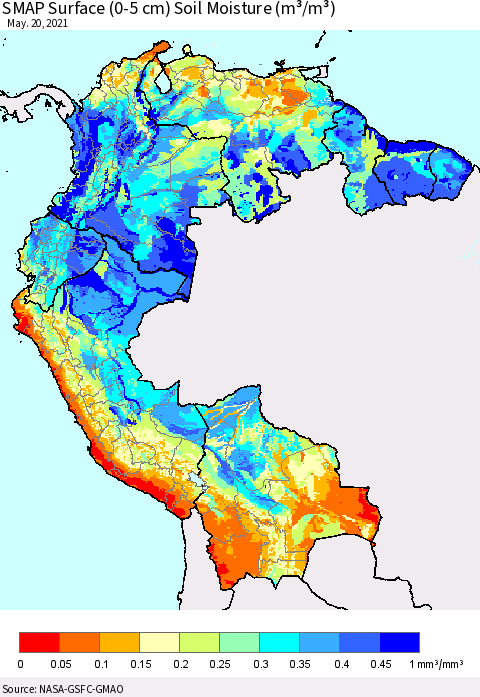 Northern South America SMAP Surface (0-5 cm) Soil Moisture (m³/m³) Thematic Map For 5/16/2021 - 5/20/2021
