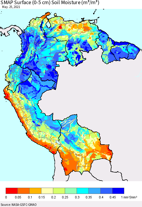 Northern South America SMAP Surface (0-5 cm) Soil Moisture (m³/m³) Thematic Map For 5/21/2021 - 5/25/2021