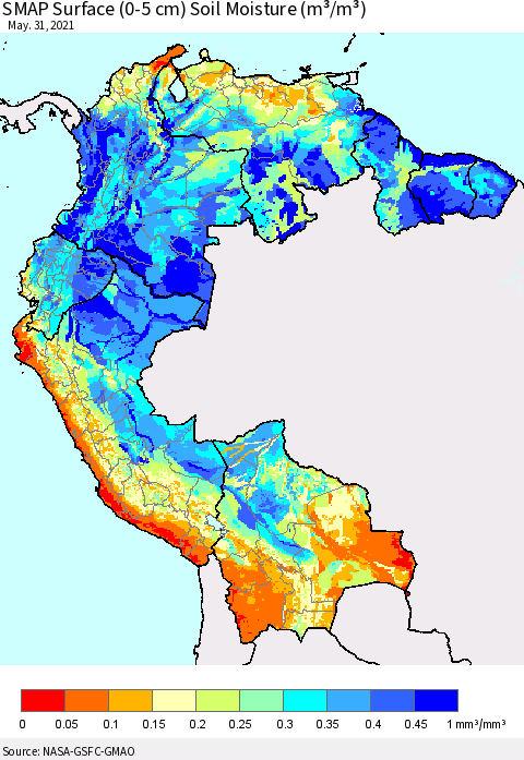 Northern South America SMAP Surface (0-5 cm) Soil Moisture (m³/m³) Thematic Map For 5/26/2021 - 5/31/2021
