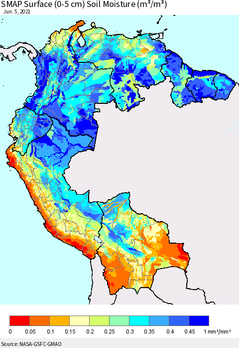 Northern South America SMAP Surface (0-5 cm) Soil Moisture (m³/m³) Thematic Map For 6/1/2021 - 6/5/2021