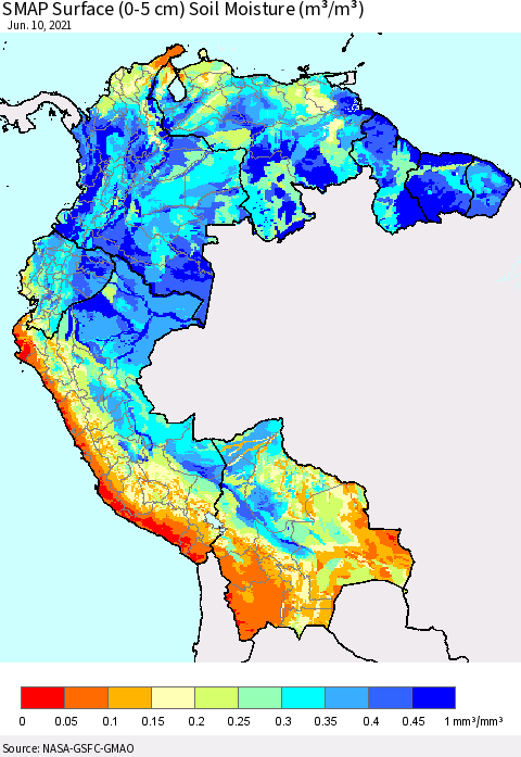Northern South America SMAP Surface (0-5 cm) Soil Moisture (m³/m³) Thematic Map For 6/6/2021 - 6/10/2021