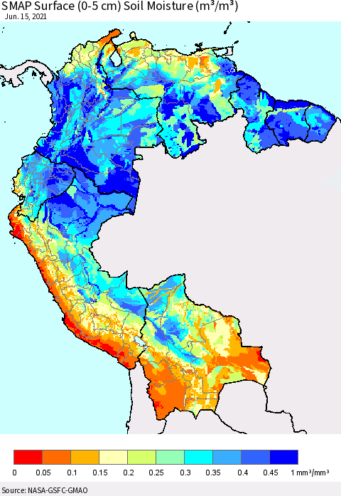 Northern South America SMAP Surface (0-5 cm) Soil Moisture (m³/m³) Thematic Map For 6/11/2021 - 6/15/2021