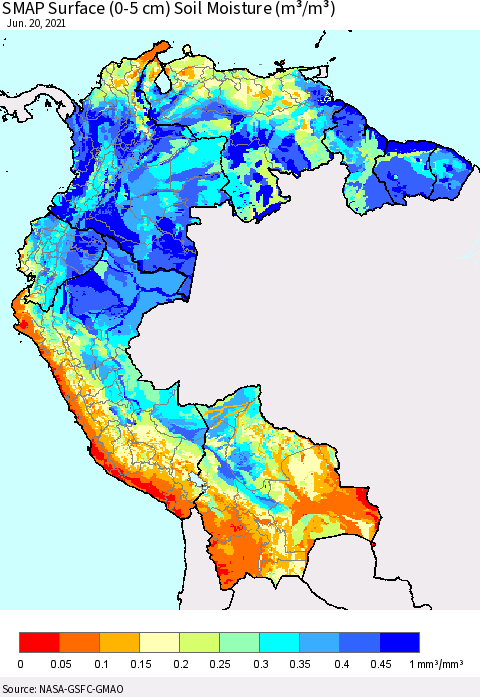 Northern South America SMAP Surface (0-5 cm) Soil Moisture (m³/m³) Thematic Map For 6/16/2021 - 6/20/2021