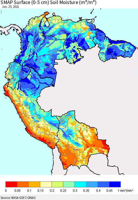 Northern South America SMAP Surface (0-5 cm) Soil Moisture (m³/m³) Thematic Map For 6/21/2021 - 6/25/2021