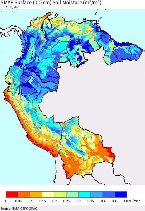 Northern South America SMAP Surface (0-5 cm) Soil Moisture (m³/m³) Thematic Map For 6/26/2021 - 6/30/2021