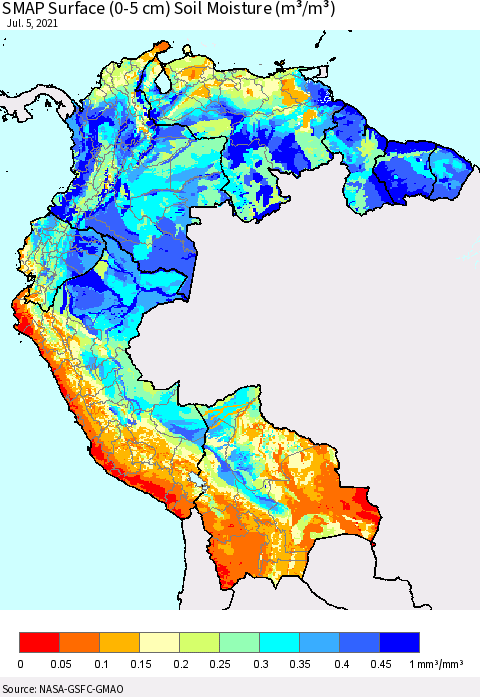 Northern South America SMAP Surface (0-5 cm) Soil Moisture (m³/m³) Thematic Map For 7/1/2021 - 7/5/2021