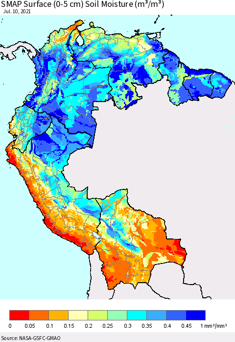 Northern South America SMAP Surface (0-5 cm) Soil Moisture (m³/m³) Thematic Map For 7/6/2021 - 7/10/2021