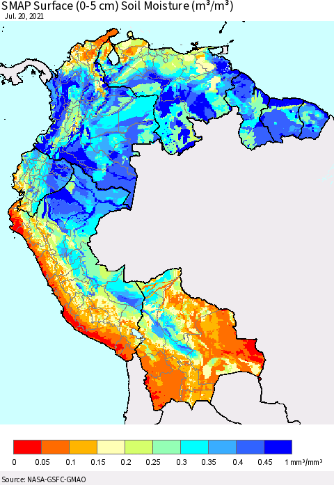 Northern South America SMAP Surface (0-5 cm) Soil Moisture (m³/m³) Thematic Map For 7/16/2021 - 7/20/2021