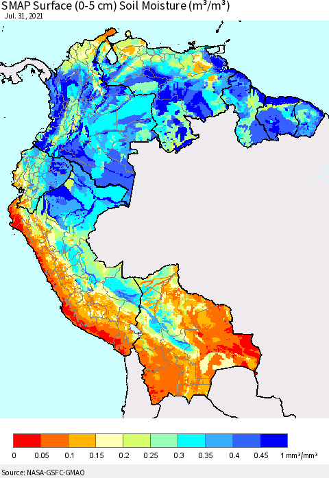 Northern South America SMAP Surface (0-5 cm) Soil Moisture (m³/m³) Thematic Map For 7/26/2021 - 7/31/2021
