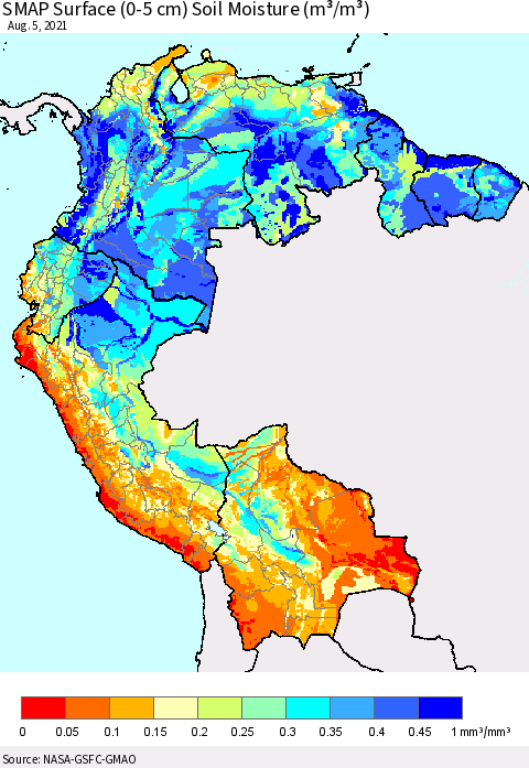 Northern South America SMAP Surface (0-5 cm) Soil Moisture (m³/m³) Thematic Map For 8/1/2021 - 8/5/2021