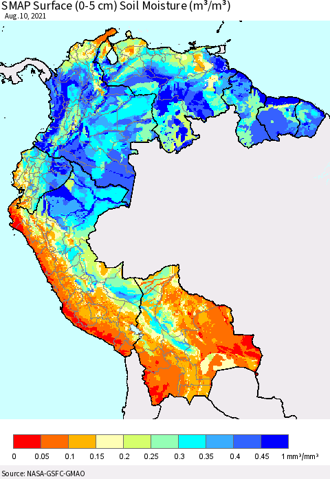 Northern South America SMAP Surface (0-5 cm) Soil Moisture (m³/m³) Thematic Map For 8/6/2021 - 8/10/2021